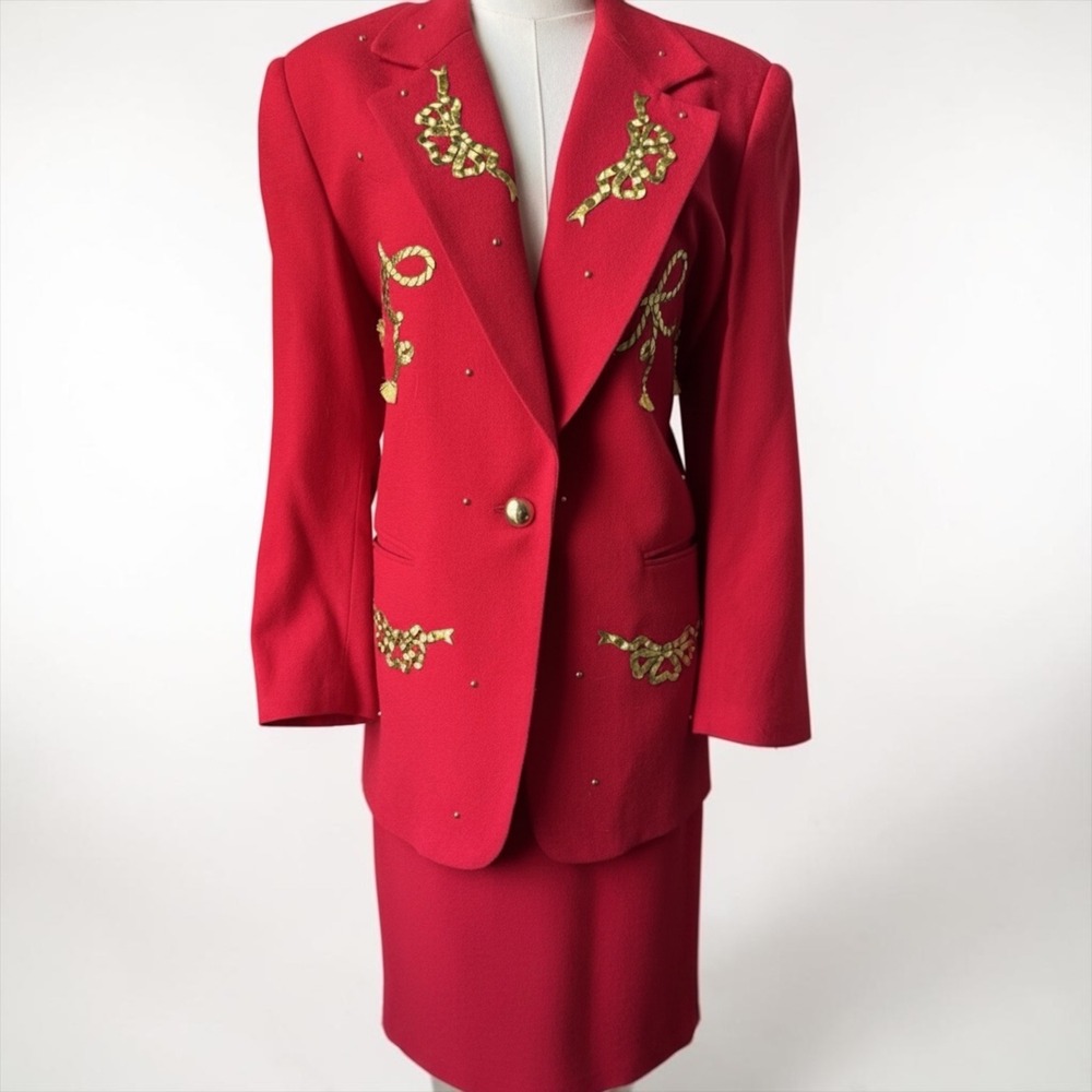Harlan Red Gold Bow Studded Skirt Suit Tassel Blazer Set Size 10 Vintage